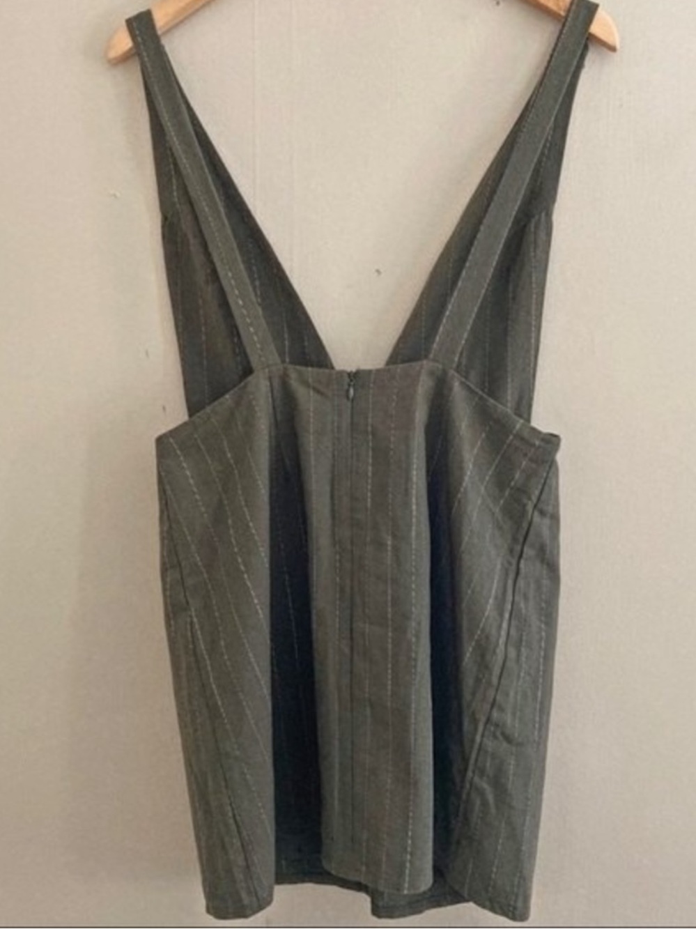Hayden Jumper Pinafore Olive Green Pinstripe Overall Dress Buttons 100% Cotton - Picture 9 of 14